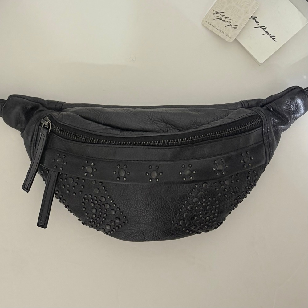 NWT!! FREE PEOPLE Black Leather Ana Adorned Sling Bag Solid Studded Embellished - Picture 5 of 16